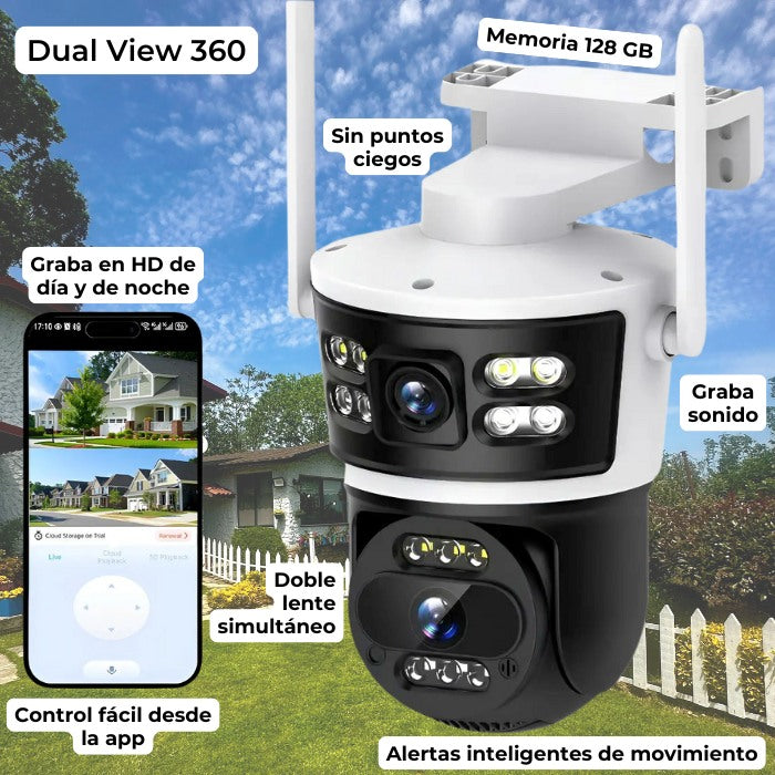 Dual View 360: Seguridad HD con Doble Lente y 128GB Memoria